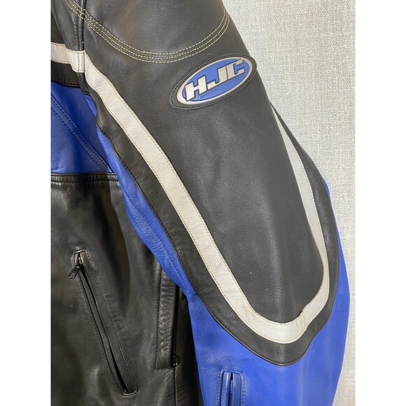 HJC Leather Jacket Mens 50 Black Blue Motorcycle Riding Gear Armor Zip - Picture 4 of 14